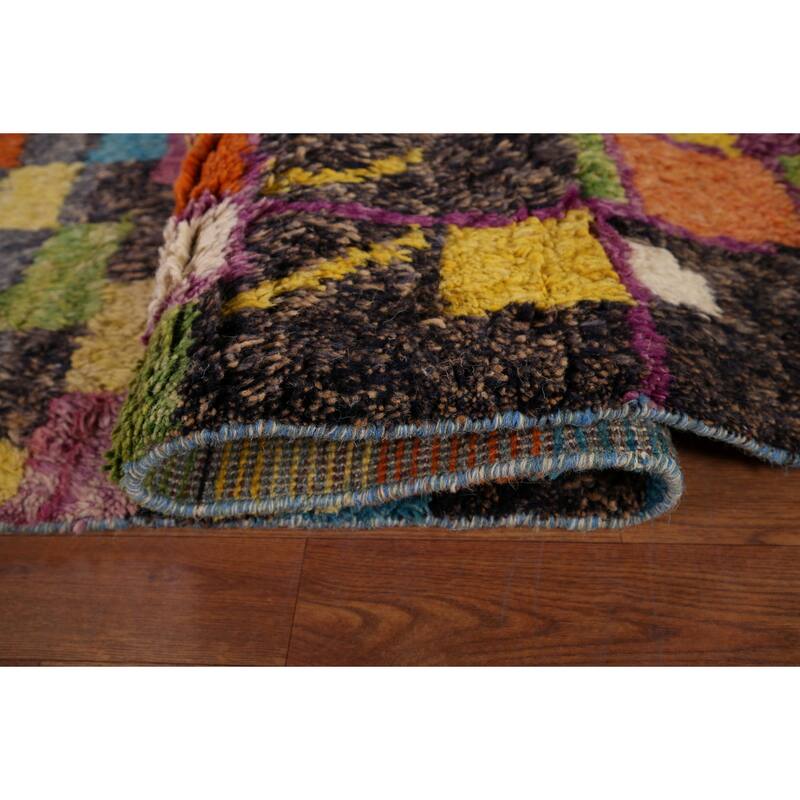 Colorful Checkered Moroccan Plush Area Rug Handmade Wool Carpet - 8'8" x 12'9"