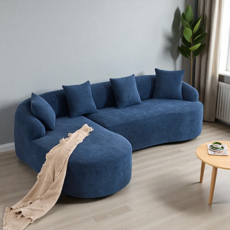 98.8" Boneless L-Shaped Sectional Sofa with Curved Chaise, Modular Chenille Compression Couch with 30D Foam for Living Room - Navy Blue
