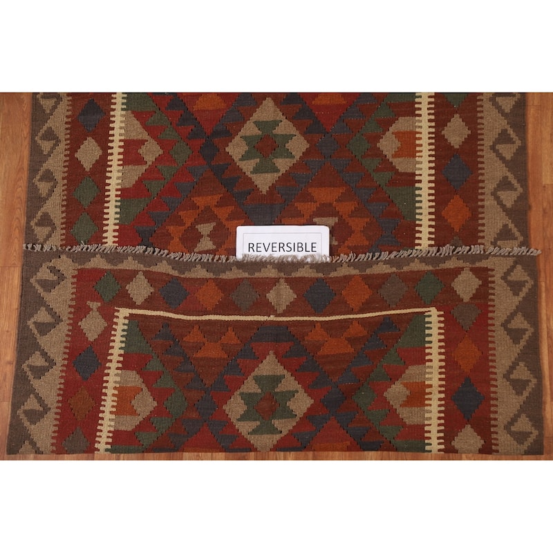 Geometric Kilim Area Rug Hand-woven Reversible Wool Carpet - 5'0" x 8'4"