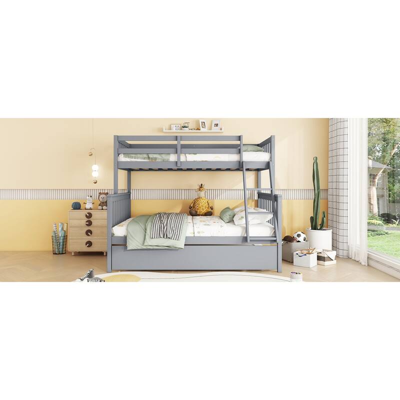 Roomfitters Twin Over Full Rubber Wood Bunk Bed with Trundle, Detachable Convertible Bunk Bed with Ladder and Guardrails