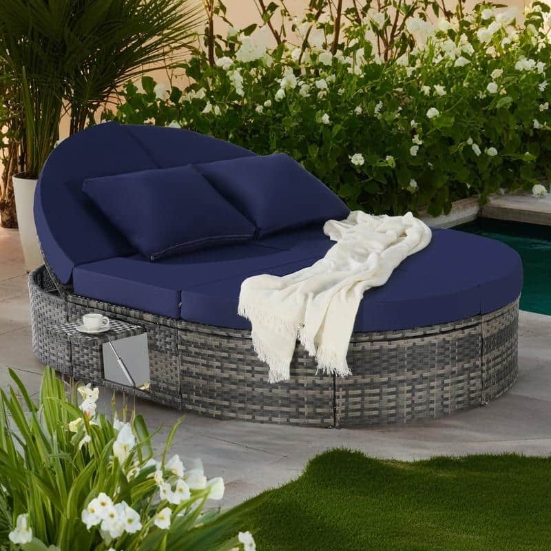 Outdoor Patio Rattan Round Daybed Sunbed with Adjustable Backrests and Foldable Cup Trays