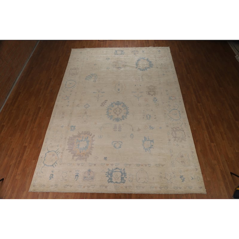 Transitional Beige Oushak Turkish Large Rug Hand-Knotted Wool Carpet - 9'6"x 13'9"