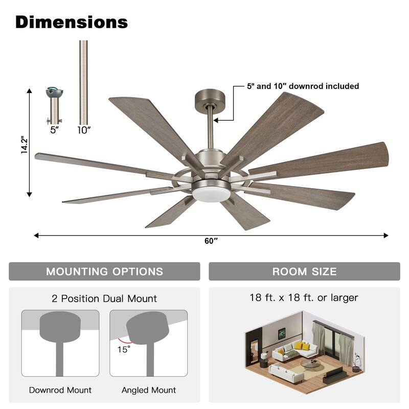 60-in Farmhouse 8-Blade Nickel Windmill LED Ceiling Fan with Light and Remote
