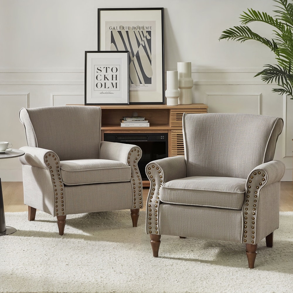 Nyctelius Upholstered Comfy Accent chair with Turned Wooden Legs and Nailhead Trim Set of 2 by HULALA HOME