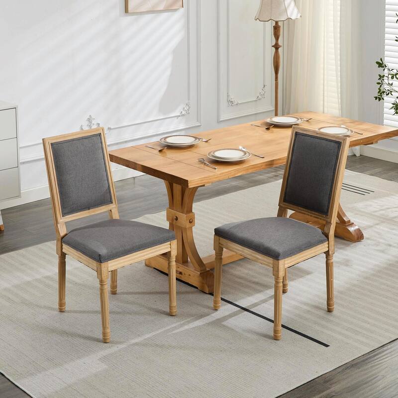 Set of 2 French Louis Dining Chairs with Square Backrest and Exquisitely Carved Solid Wood Frame