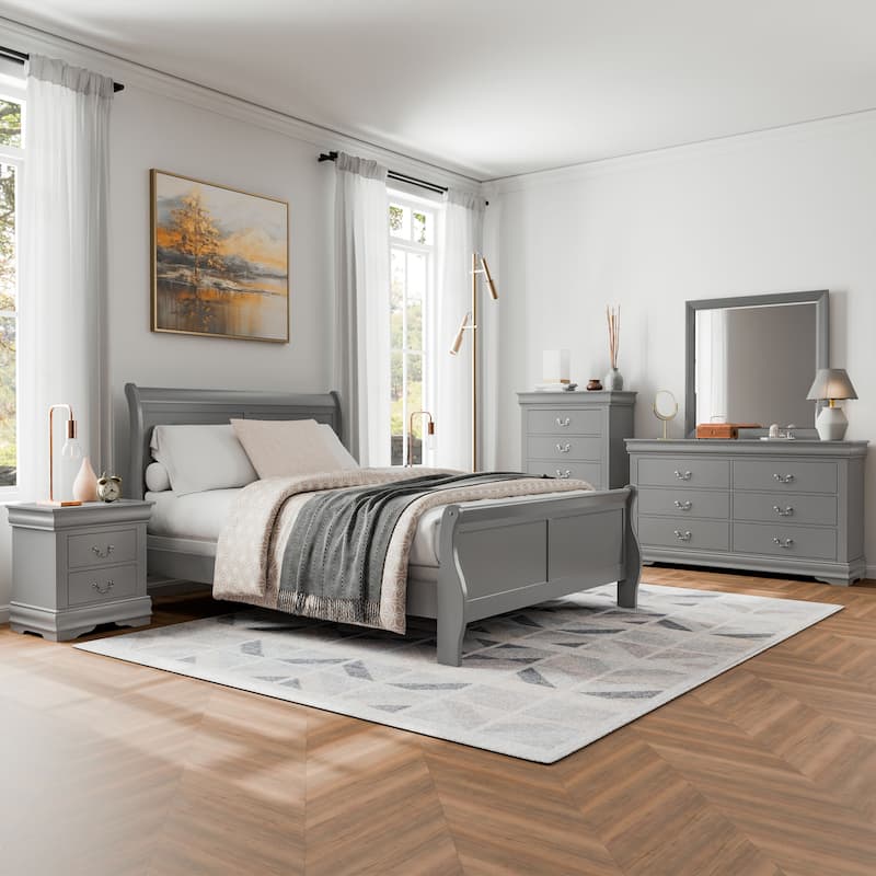 Furniture of America Devi Traditional Solid Wood 6-Piece Sleigh Bedroom Set - Grey - Queen