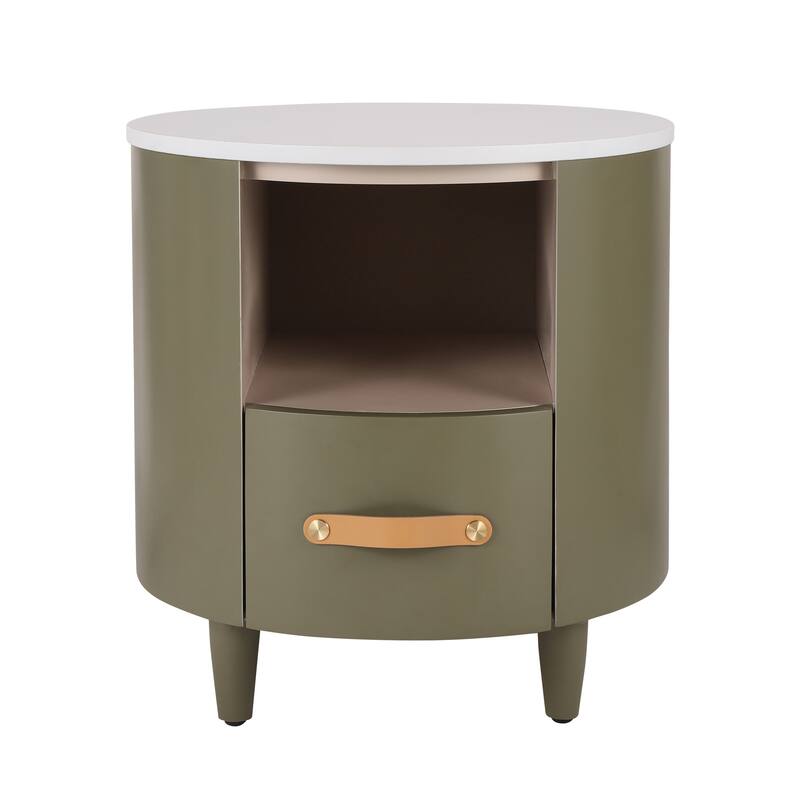 Round Nightstand with Drawer & Open Shelf, Nightstand with Leather Handle & Tapered Legs, Large Capacity Sofa Side Table