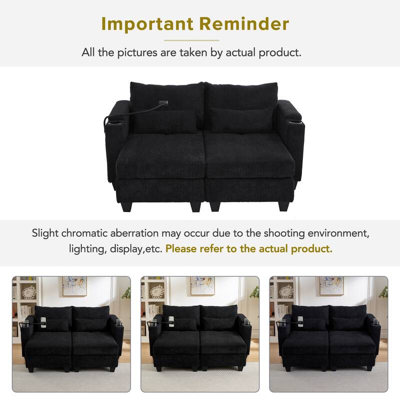 63" Convertible Corduroy Sofa Bed with USB Ports, Storage & Lumbar Pillows, Black