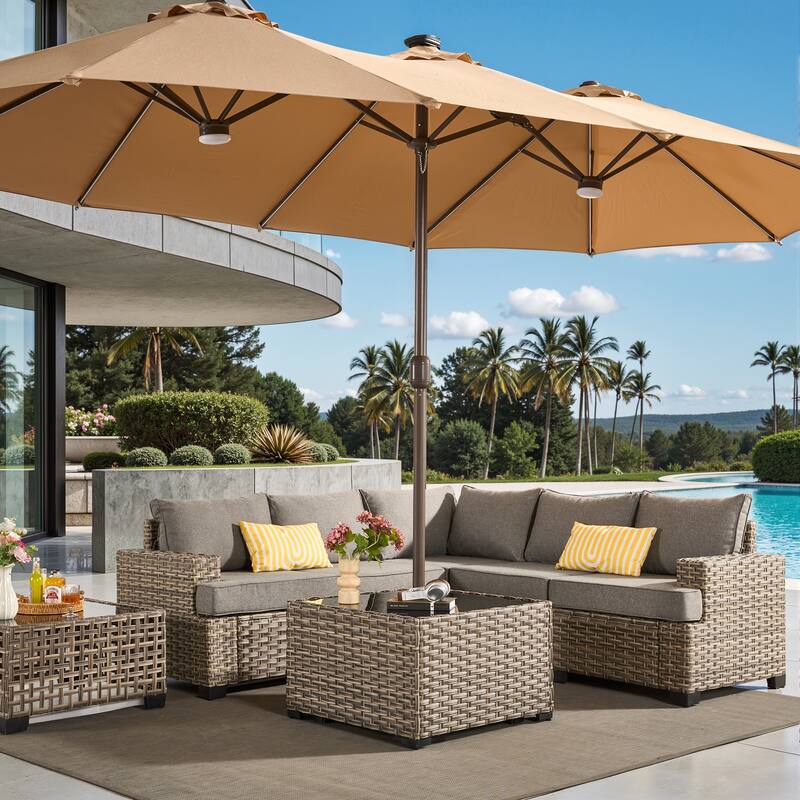 ​​OVIOS Square Wicker Patio Coffee Table with Umbrella Hole - Variegated Wicker