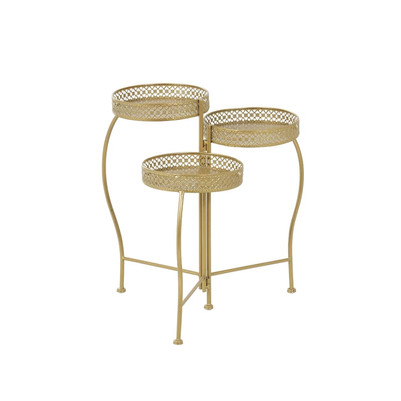 Metal Curved Folding 3 Tier Indoor Outdoor Plantstand with Floral and Scroll Patterns - Gold, Black, Silver - Roche River Decor