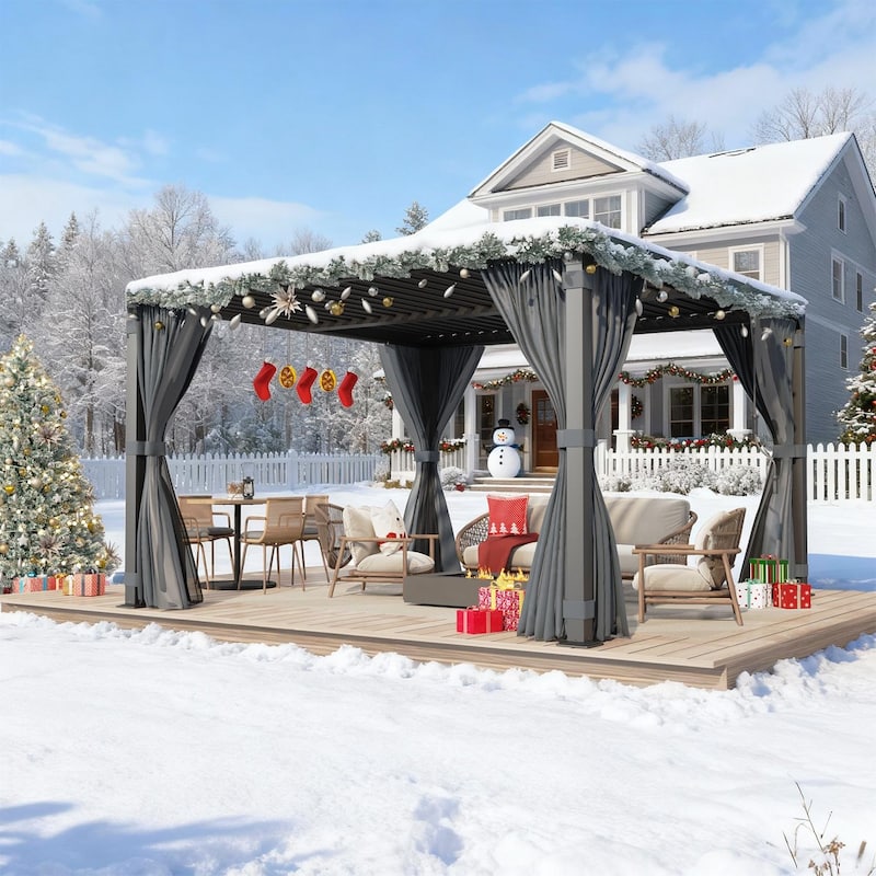 Outdoor Louvered Pergola, Outdoor Patio Hardtop Gazebo, Adjustable Metal Roof Curtains and Netting Included