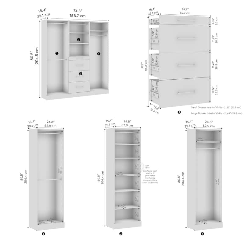 Bestar Florence 75W x 16D Closet System with Rods, Drawers, Slab