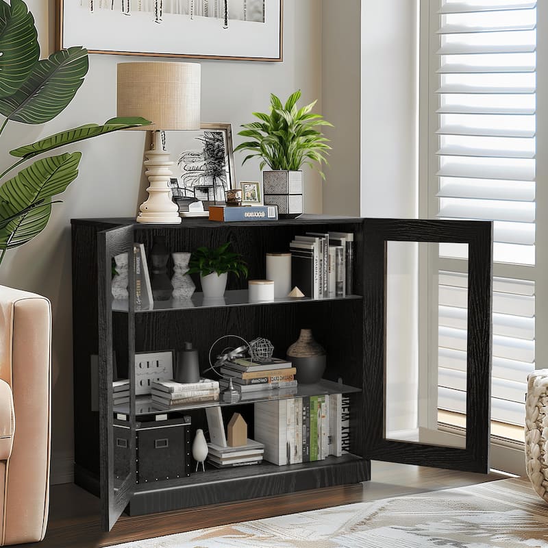 Solid Wood Storage Cabinet with two Glass Doors 31"
