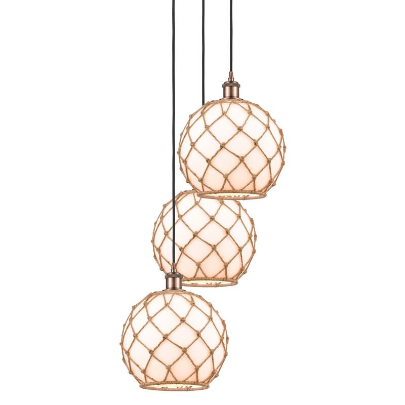Innovations Lighting 113B-3P-37-17 Farmhouse Rope Pendant Farmhouse - Antique Copper / White Glass with Brown Rope