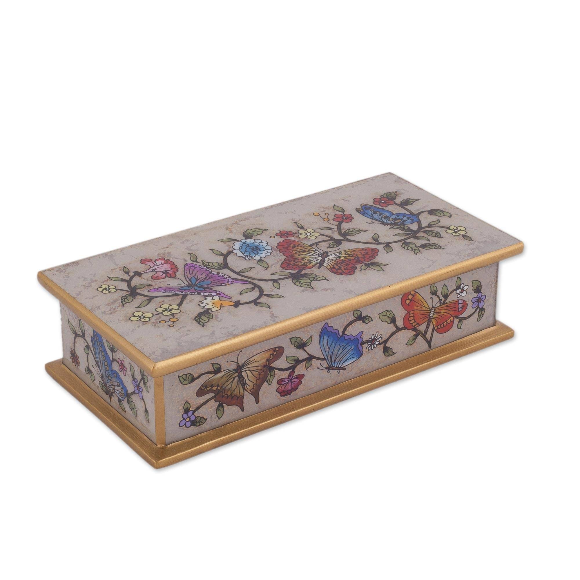 Handmade Butterfly Jubilee In Bone Reverse Painted Glass Decorative Box (Peru) - 2" H x 7.75" W x 3.9" D