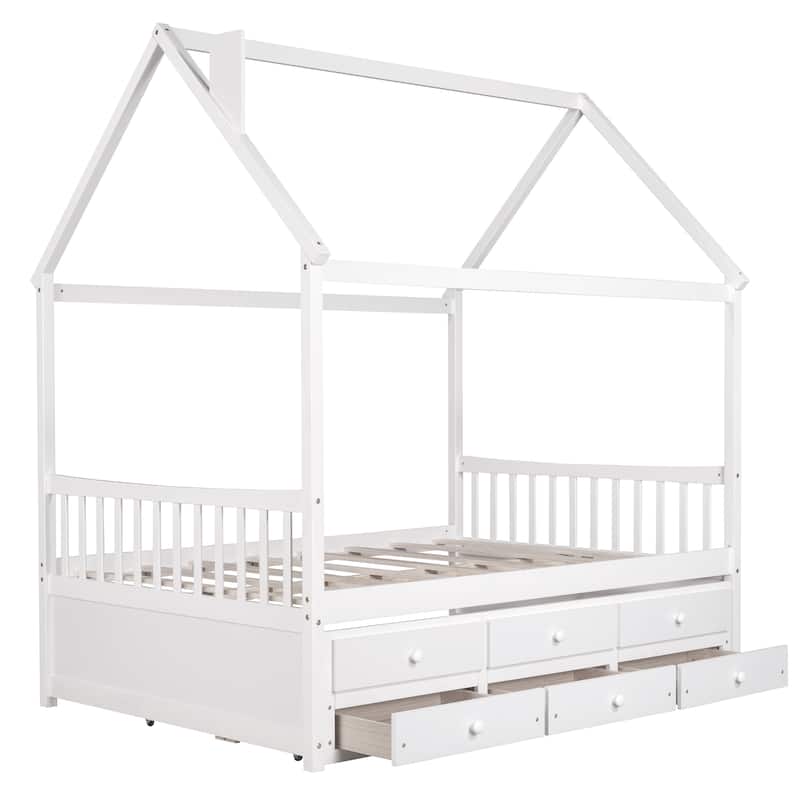 Full Size House Shaped Canopy Bed with Twin Size Trundle and 3 Storage