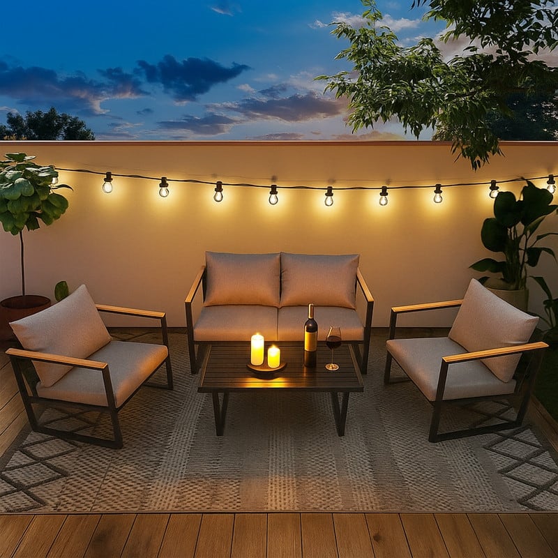 4-Piece Black Iron Patio Set with Gray Cushions, Coffee Table & 2 Singles+1 Loveseat - Grey