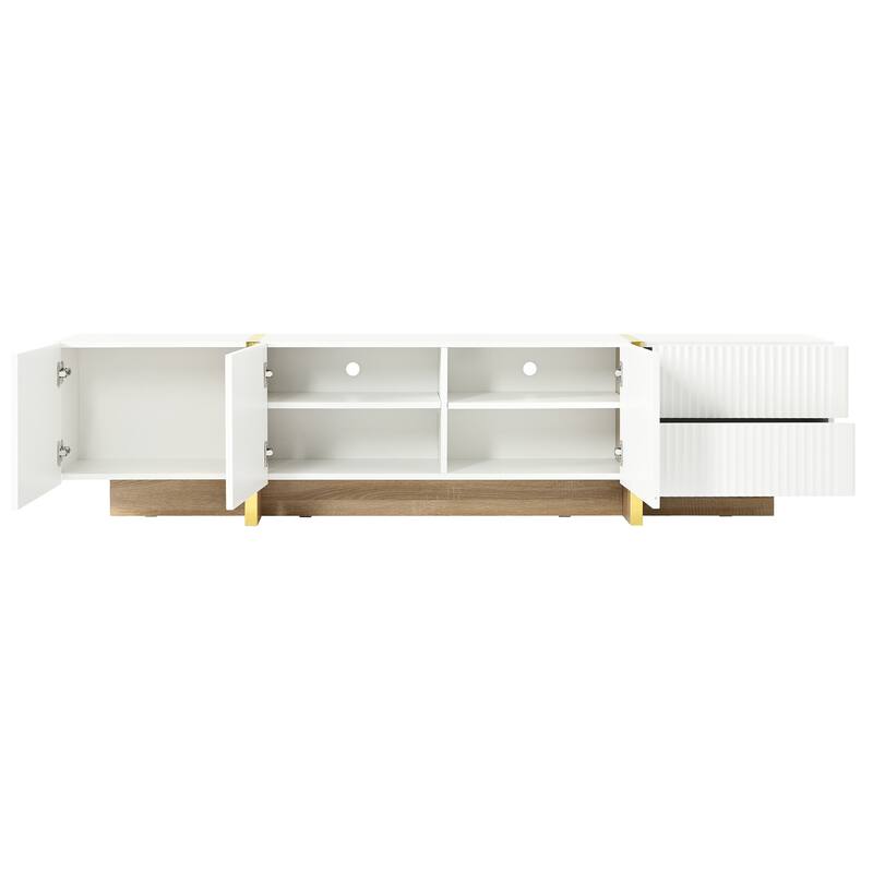 Modern Fluted TV Stand Luxury TV Stand with Storage Drawers and Gold Wood-Grain Legs, for Living Rooms, White