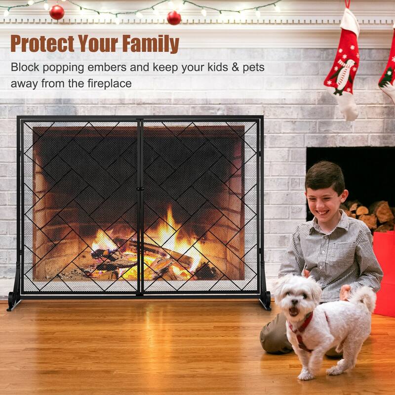 3-Panel Folding Wrought Iron Fireplace Screen with Doors and 4 Pieces Tools Set - 44.5" x 16" x 33.5" (L x W x H)