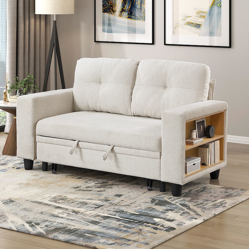Hazel 56.5" Boucle 2-Seater Loveseat - Pull-out Bed, Shelves, USB Port