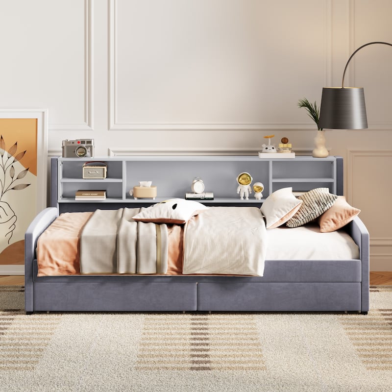 Twin Size Daybed Upholstered Platform Bed with Storage Shelf Headboard and 2 Drawers, Wood Daybed Frame with Curved Armrest