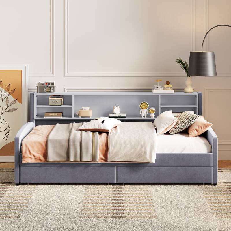 Twin size Upholstered Platform Bed with Storage and Drawers