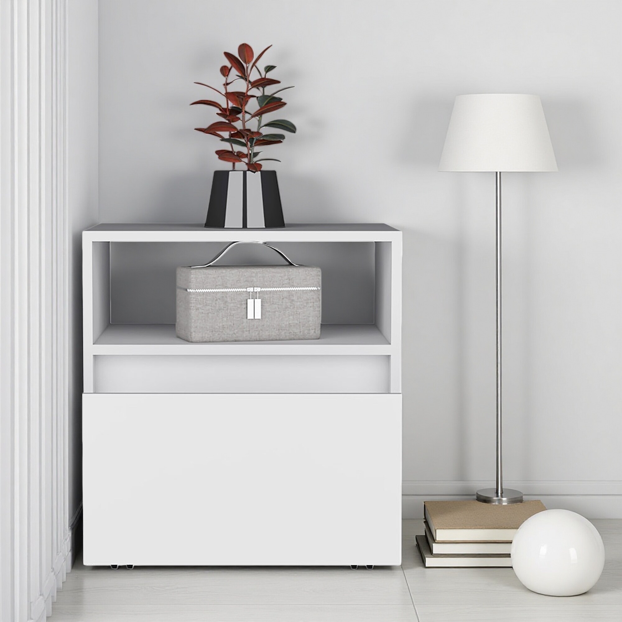 15.7"L Laminated Wood Nightstand, 1 Drawer with Casters & Full-Extension Slider, Compact End/Side Table with Divided Shelf