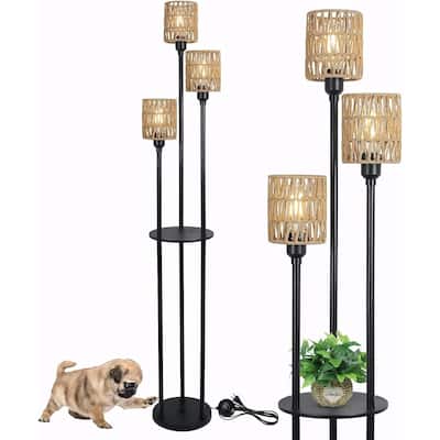 Boho Rattan Floor Lamp with Shelves, Pedal Switch, and Adjustable Height