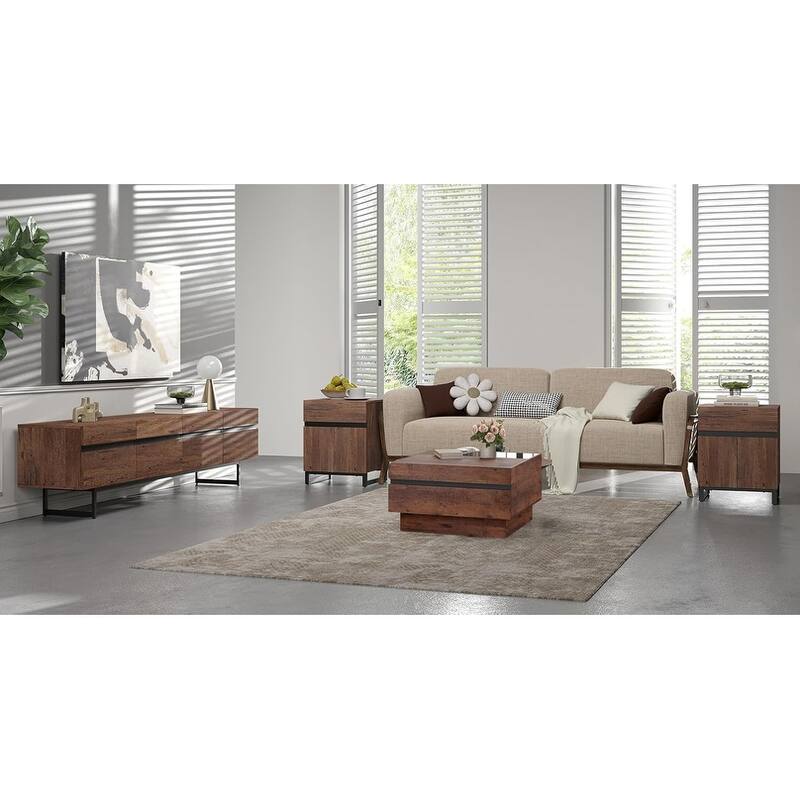 WAMPAT Living Room Table Sets of 4, 70 Inch TV Stand，1 Square Coffee Table and 2 End Table