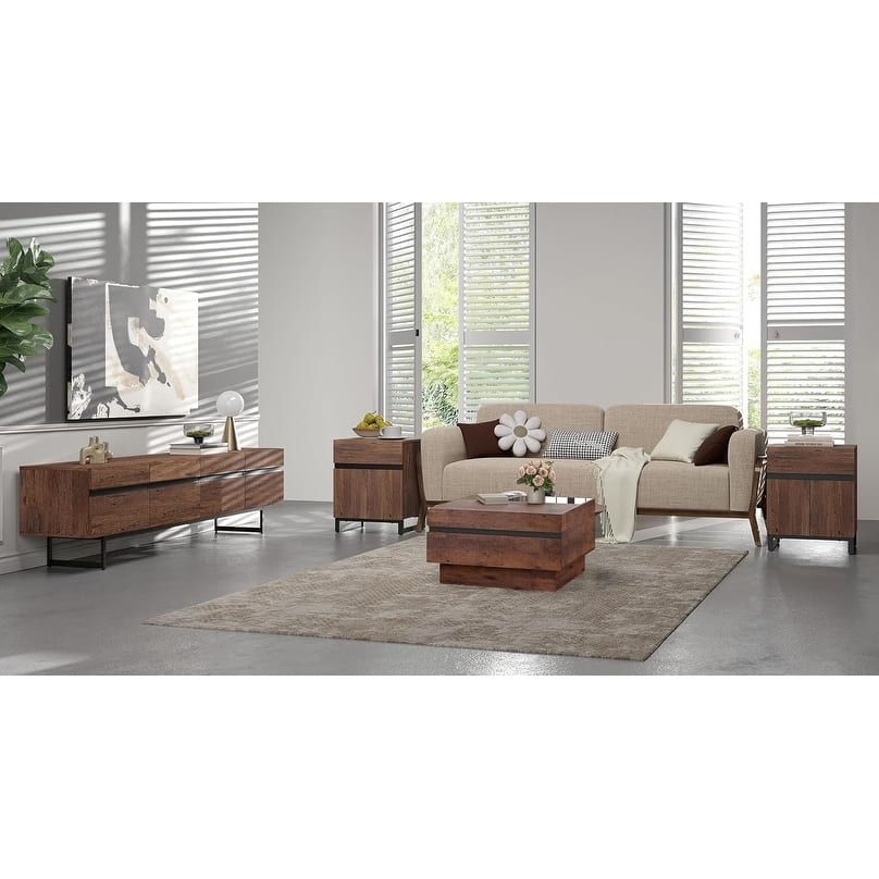 WAMPAT Living Room Table Sets of 4, 70 Inch TV Stand，1 Square Coffee Table and 2 End Table