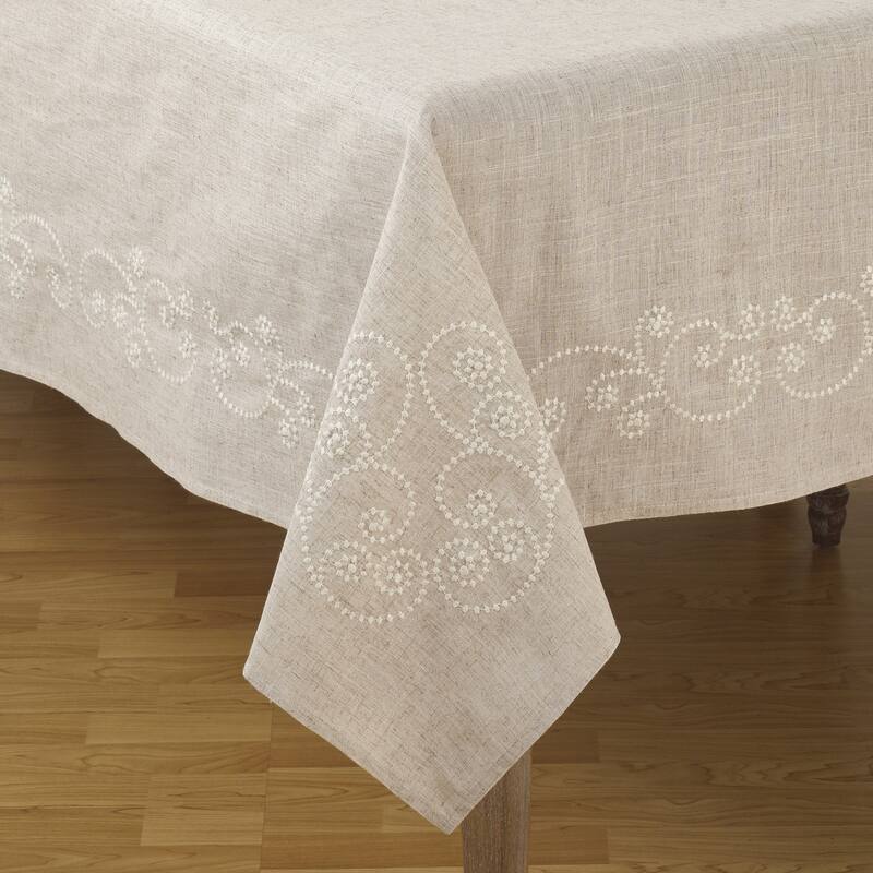 Embroidered Swirl Design Natural Linen Blend Tablecloth