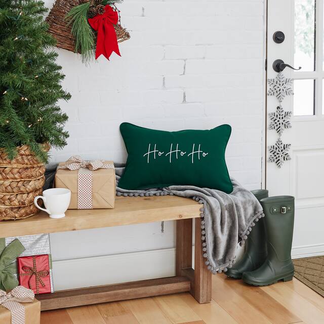 Sunbrella Indoor/Outdoor "Ho Ho Ho" Embroidered Christmas Pillow, Corded - Green Pillow with White "Ho Ho Ho" Embroidery