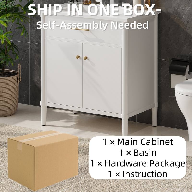 31" Bathroom Vanity with Sink, Soft-Close Doors, Adjustable Shelf & Rubber Wood Legs