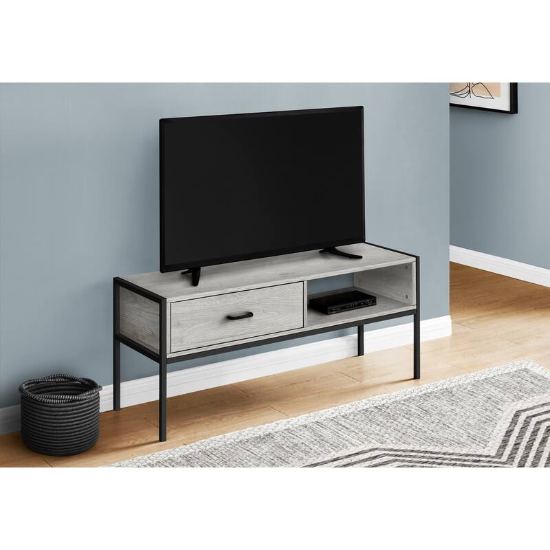 Contemporary 48" TV Stand, Grey Wood-Look Finish with Black Metal Frame, Storage Drawer for Media Devices