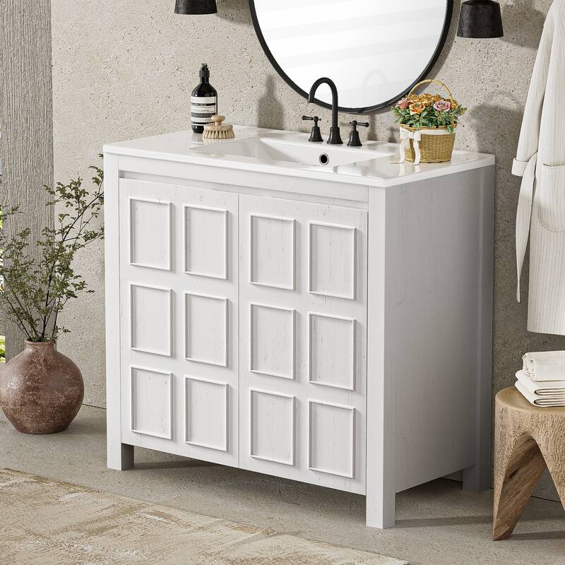 36" Antique White Bathroom Vanity Set - Ceramic Sink Storage Cabinet with Organizer