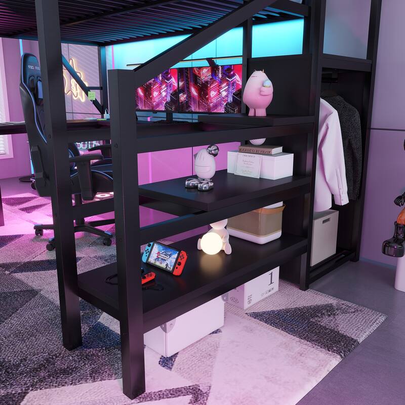 Metal Queen Loft Bed with Wardrobe and LED Light, Queen Size Loft Bed with L Shaped Desk and USB for Kids Teens Adults