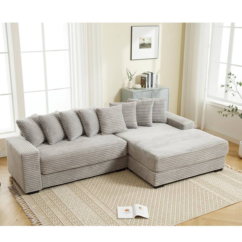 Gray 111" Corduroy L-Shaped Sectional Sofa with Right Chaise & 8 Pillows