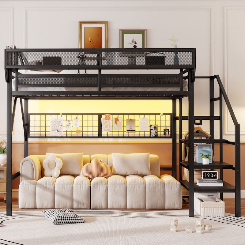 Black High Loft Bed with Wardrobe and Grid Storage for Kids Teens Adults Metal Loft Bed Frame with Light and Stairs