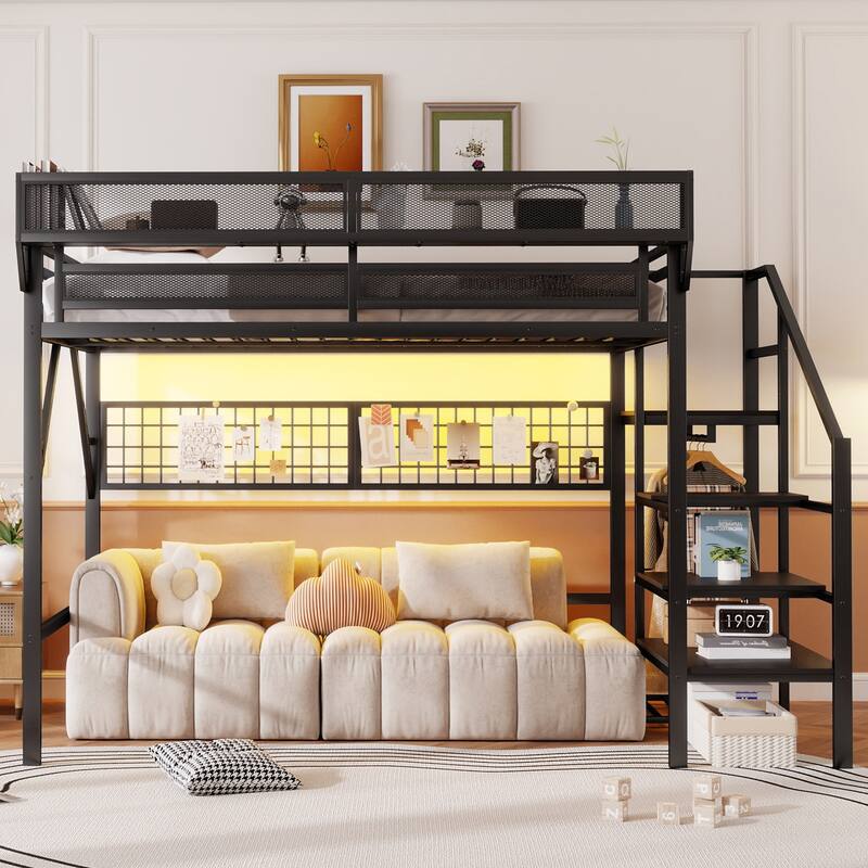 Queen/Full Loft Bed with Stairs, Storage & Wardrobe, Metal High Loft Bed with Lighting