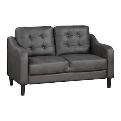 Orry 55 Inch Loveseat, Button Tufted Back, Gray Microfiber Black Solid Wood