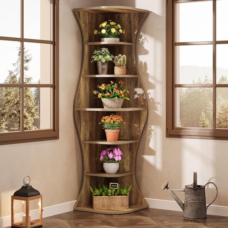73.2" Tall Corner Bookcase, Farmhouse 6-Tier Corner Shelf Freestanding Bookshelf Display Shelf