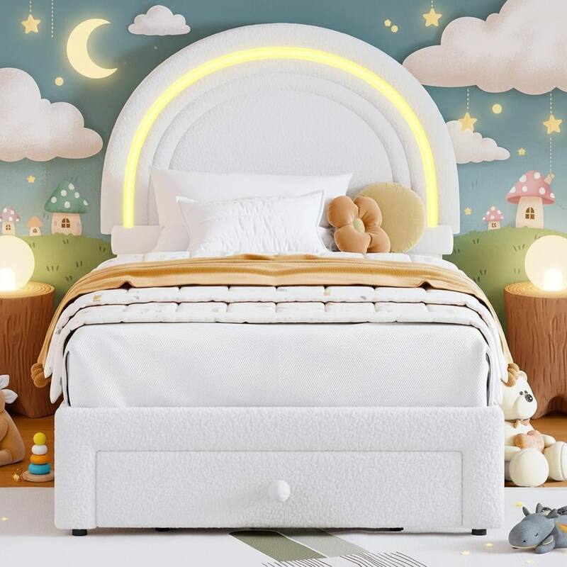 Upholstered LED Bed Frame, with Storage Drawer - White