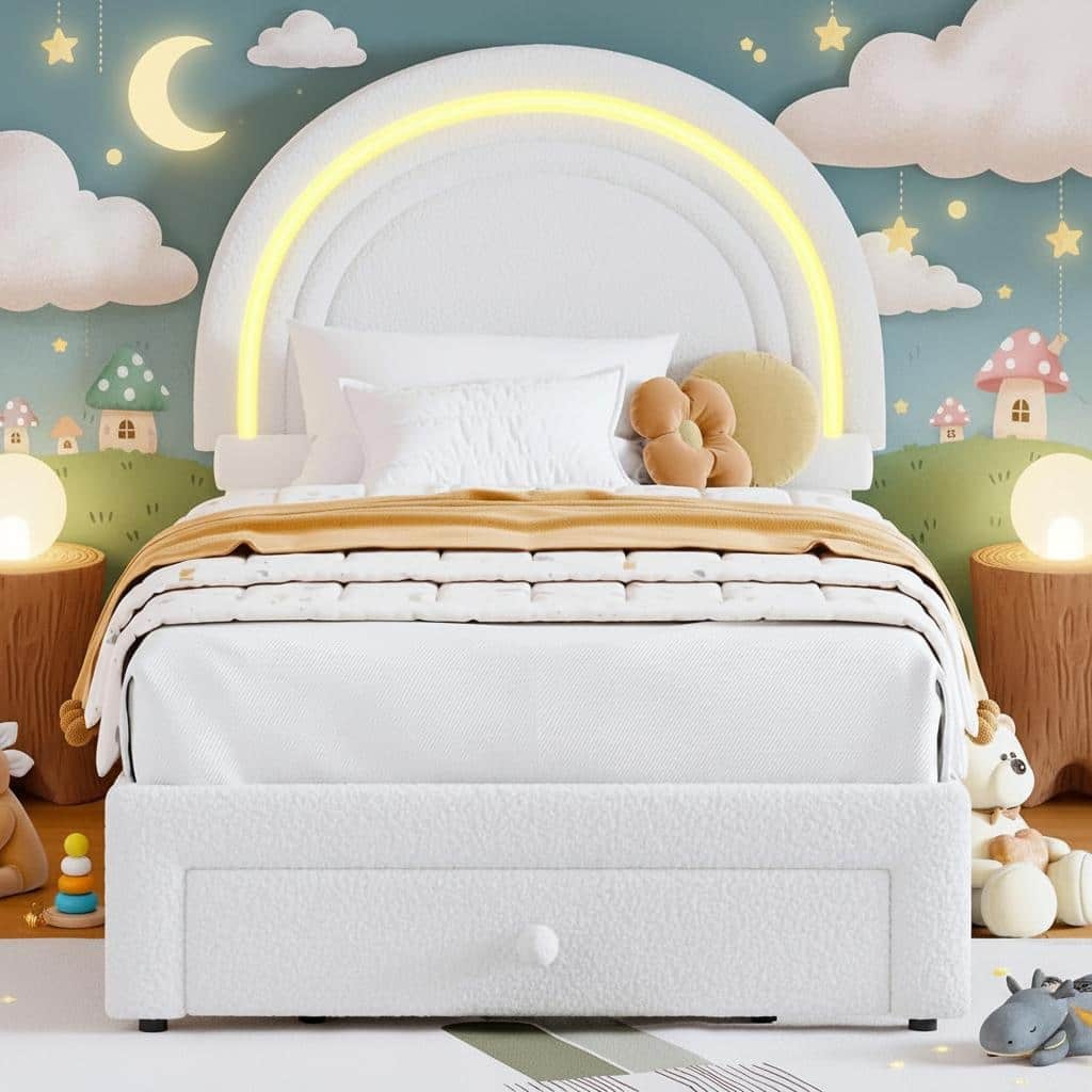 Upholstered LED Bed Frame, with Storage Drawer