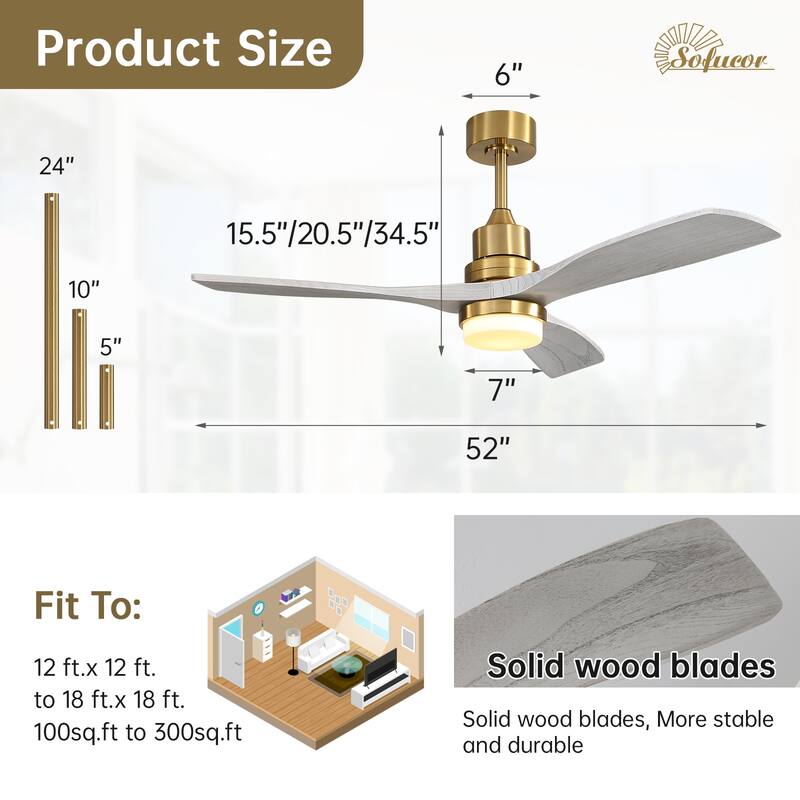 Sofucor 48/52 Inch Ceiling Fan with Light, Solid Wood Blades for Living Room, Bedroom,Smart Optional