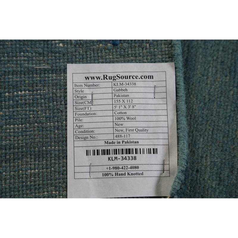 Striped Blue Gabbeh Oriental Rug Hand-Knotted Wool Carpet - 3'8" x 5'1"