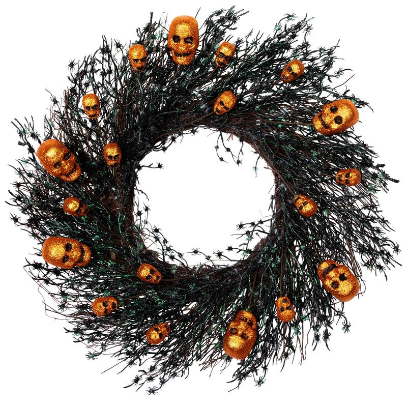 Black & Orange Skulls & Spiders Halloween Twig Wreath, 22-Inch