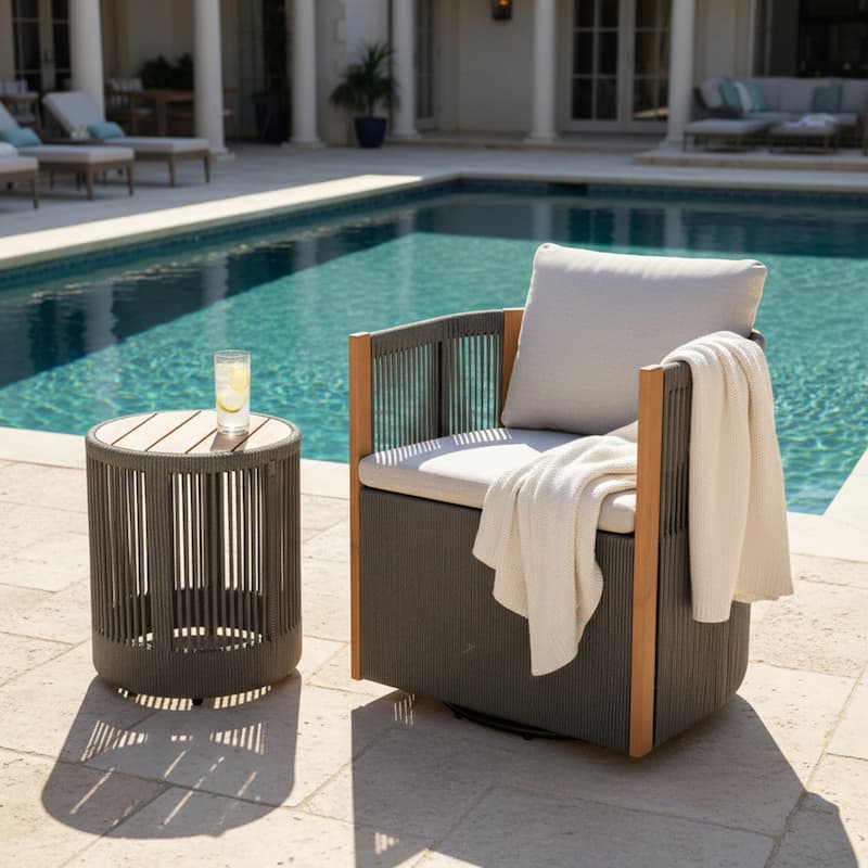 Christopher Knight Home - Orsini Outdoor Acacia Wood Dining Set with 180° Swivel Chairs & 15.00" Round Side Table - 2-Piece Set-Light Grey+Beige