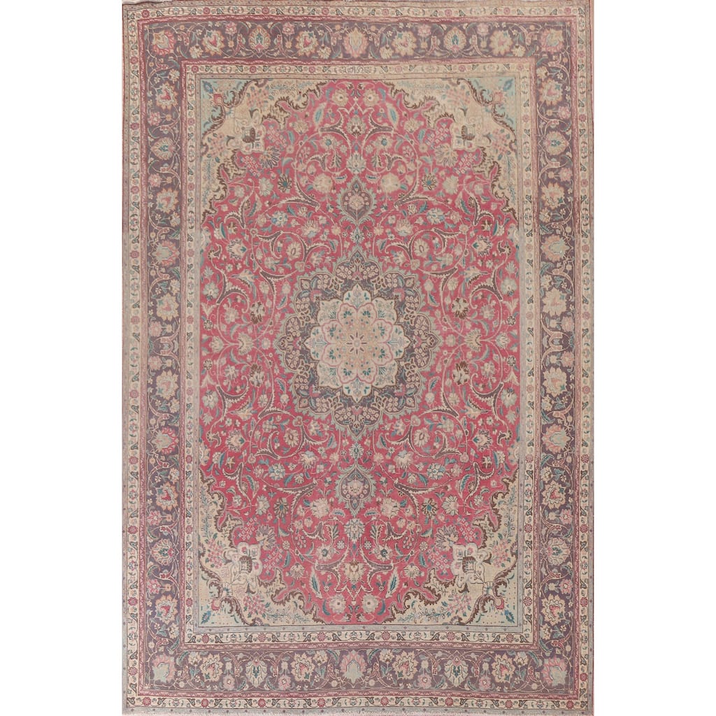 Hand Knotted Oriental 100% Wool Carpet Traditional Floral Pink Tabriz Area Rug - 12' 11'' X 9' 9''