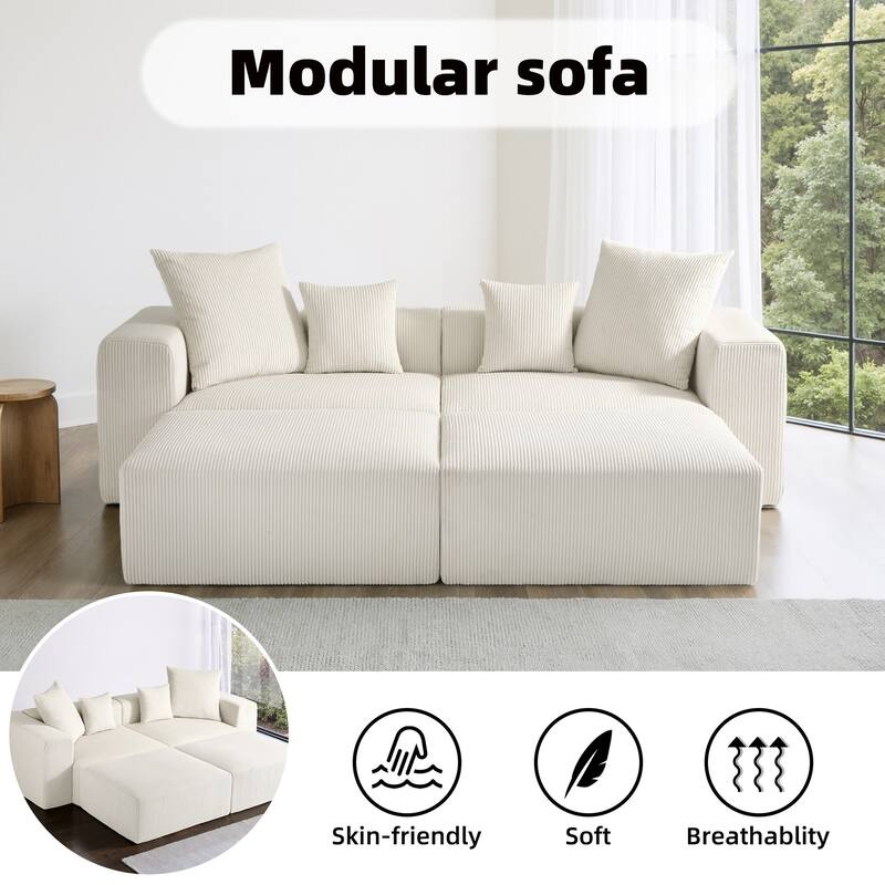 4-Piece Modern Corduroy Modular Sectional Sofa Set with 4 Throw Pillows