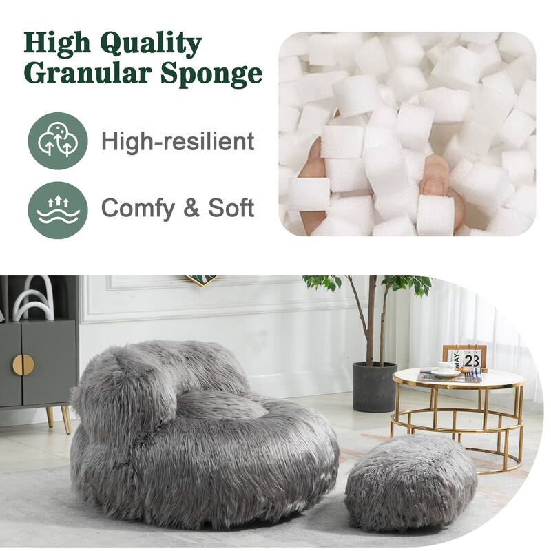 Plush Upholstered Round Comfort Lounger Bean Bag Chair with Ottoman